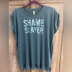 Bella Canvas XL blue heathered SHAME SLAYER cap sleeve Tshirt hi lo hem